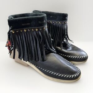 Indianino for Anthropologie Biyamba Cycle of Hope Fringe Moccasin Boots Sz 8